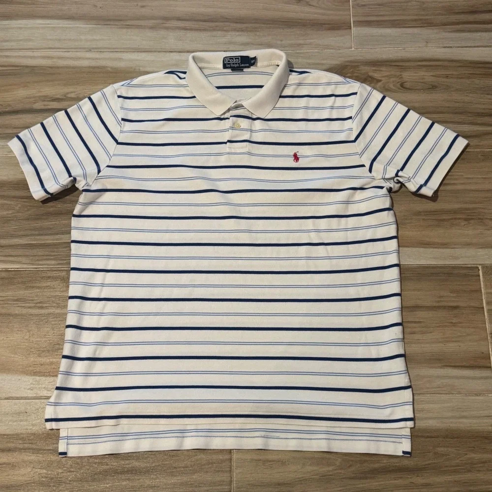 Polo Ralph Lauren Mens XXL White Blue Striped Short Sleeve Cotton Polo Shirt